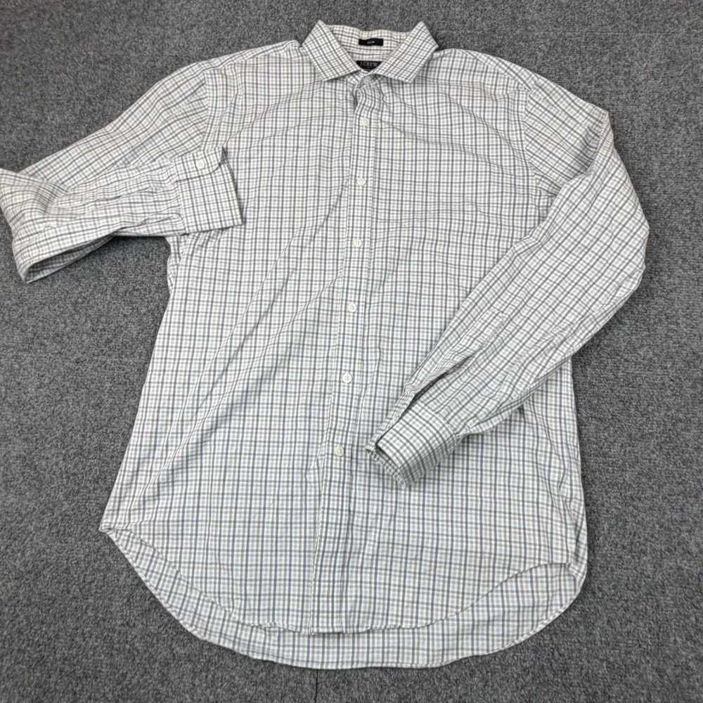 J.Crew Mens Slim Flex Wrinkle Free Plaid Button Down Shirt Blue Tan Large L